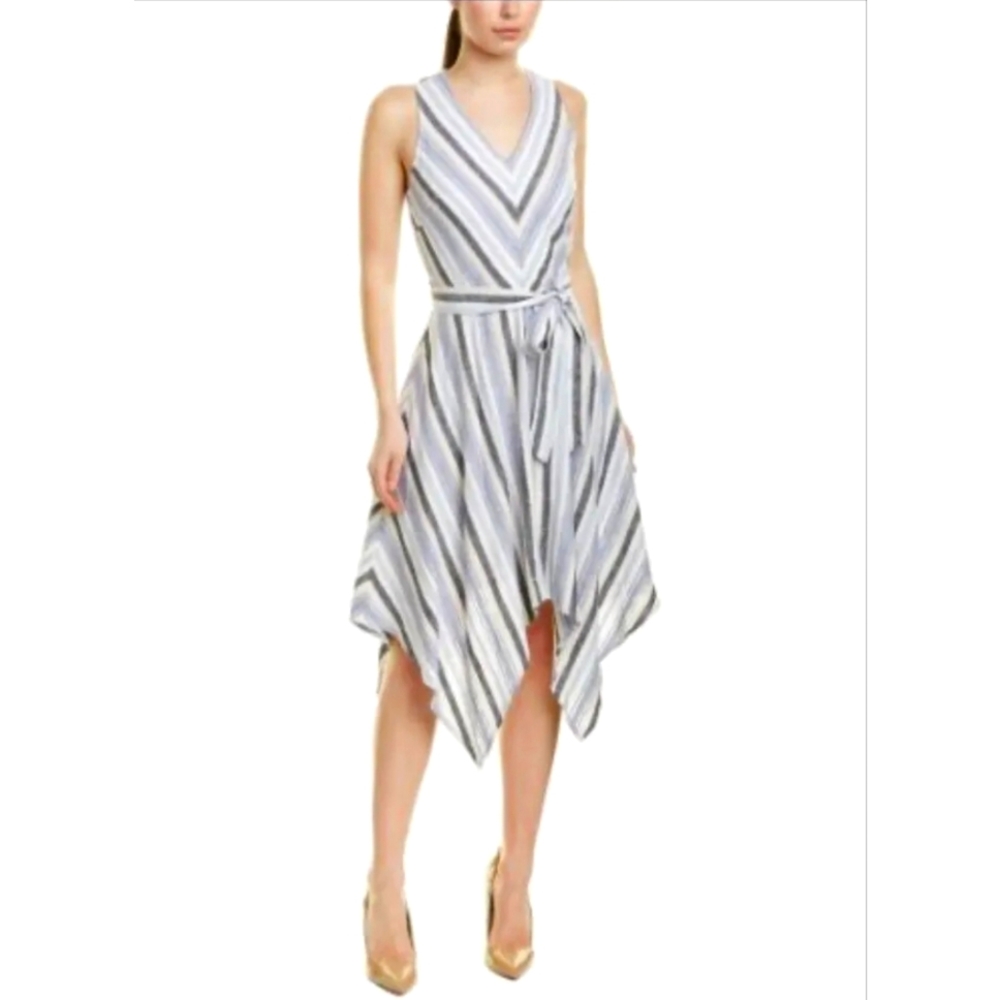 Sharagano Blue and White Striped Midi Dress